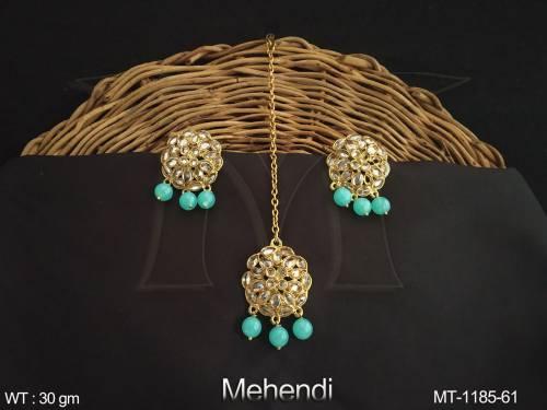 mehendi-polish-fancy-design-clustered-pearl-party-wear-beautiful-antique-maang-tikka-with-earring-