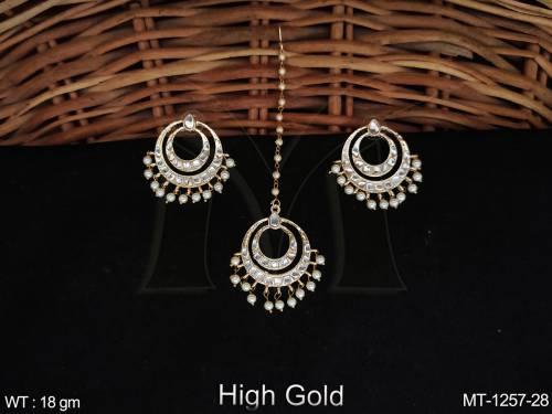 high-gold-polish-antique-jewellery-fancy-style-party-wear-antique-maang-tikka-with-earring