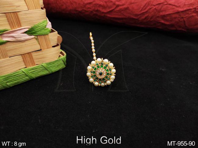 Beautiful Fancy Style High Gold Polish Full stones Clustered Pearl Designer Party wear Maang Tikka