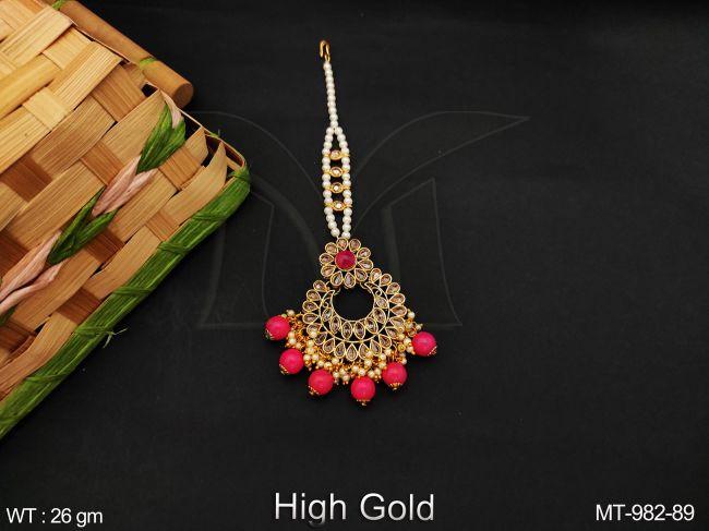 Antique Full White Stones Clustered Pearl Tassels High Gold Polish Fancy Designer Party wear Maang Tikka