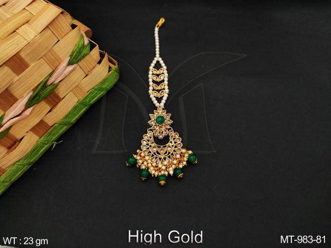 High Gold Polish Beautiful Antique Full White Stones Designer Clustered Pearl Tassels Party wear Fancy Style Maang Tikka — MT-983-81