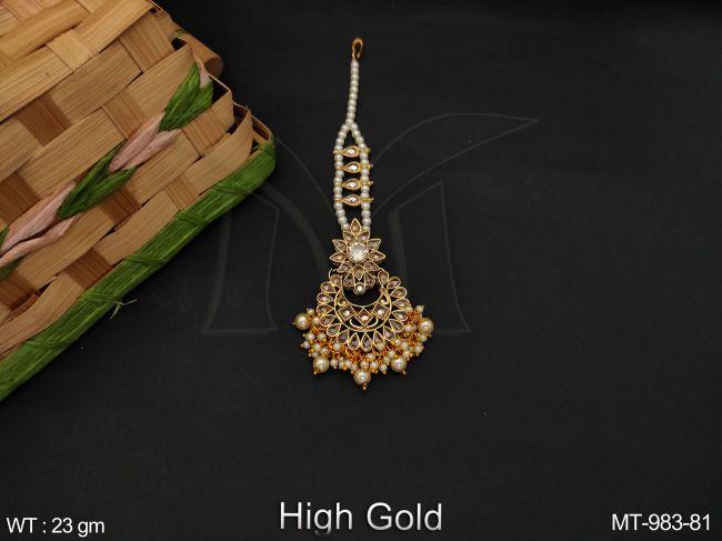 High Gold Polish Beautiful Antique Full White Stones Designer Clustered Pearl Tassels Party wear Fancy Style Maang Tikka — MT-983-81