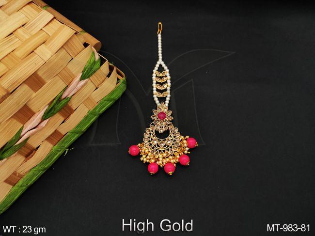 High Gold Polish Beautiful Antique Full White Stones Designer Clustered Pearl Tassels Party wear Fancy Style Maang Tikka — MT-983-81