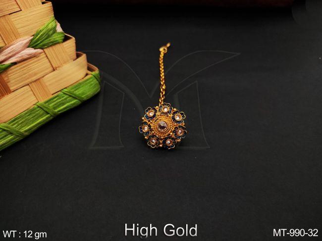 high gold polish designer antiques white stones beautiful fancy style party wear maang tikkar