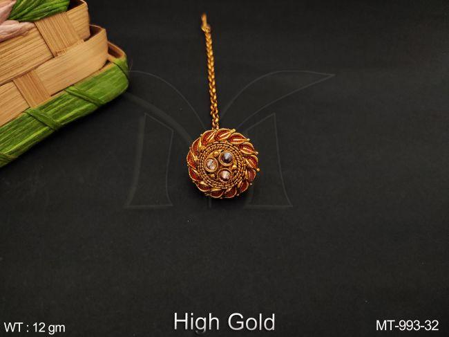 Beautiful Fancy Style Party wear High Gold Polish Antique full white stones Designer Maang Tikka