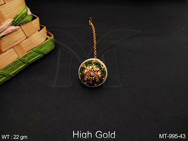 Designer Fancy Round Shape High Gold Polish full Antique white stones Party wear Maang Tikka