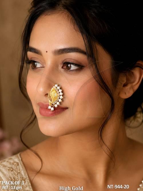 Antique Maharashtrian Nath High Gold Pearl Nose Ring