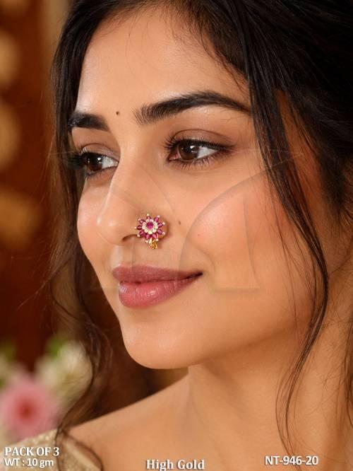Designer Pearl Nath Nose Ring Set High Gold Polish