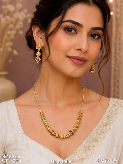 Antique Gold Temple Style Mala Set with Stud Earrings