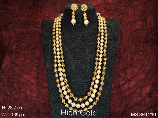 high gold polish ethnic beaded 3 layers designer antique long mala set