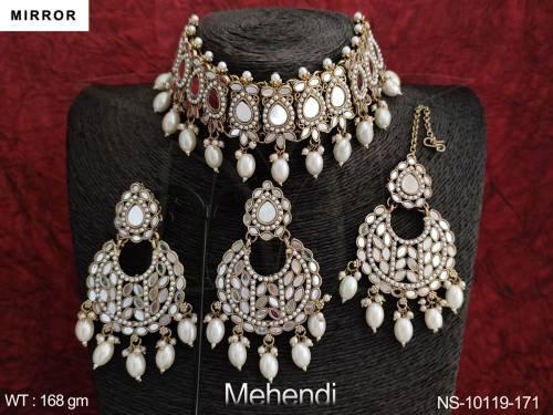 Mehendi Polish Designer Fancy Design Party wear Mirror Design Choker Necklace Set