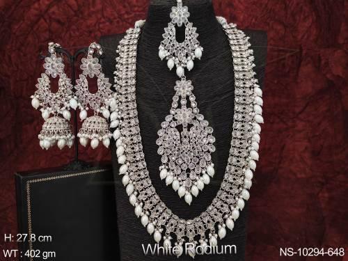 Antique Stones Full Clustered Pearl White Rodium Polish Designer Long Haram Party wear Necklace Set 