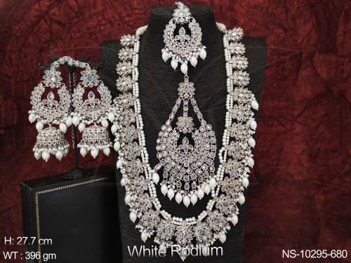 White Rodium Polish Full Antique Stones Clustered Pearl Designer Haram Long Necklace Set 