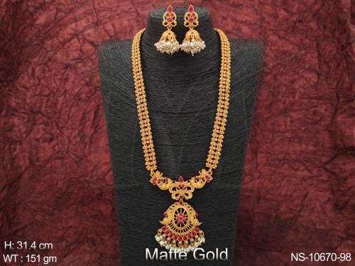 Matte Gold Polish Fancy Style Party wear Long Antique Designer Necklace Set  