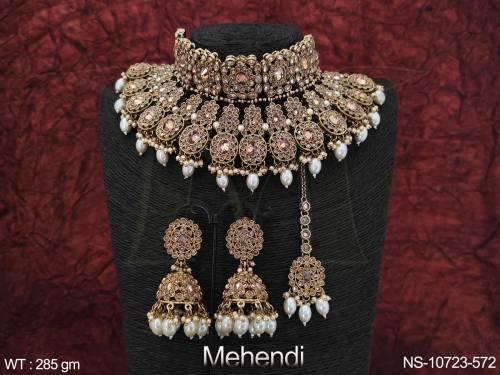 Mehendi Polish Fancy Design Party wear Beautiful Antique Jewellery Choker Necklace Set 