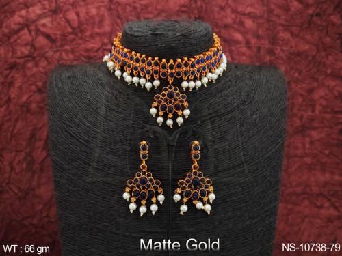 Matte Gold Polish Fancy Style Clustered Pearl Designer Party wear Antique Jewellery Choker Necklace Set  