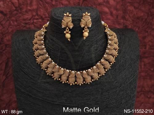Matte Gold Polish Fancy Antique Design Party wear Antique Jewellery Choker Style Short Necklace Set  