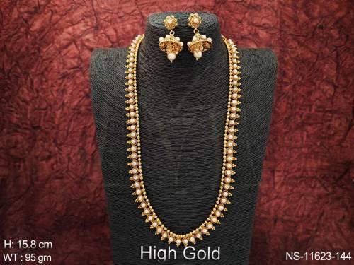 clustered-pearl-designer-high-gold-polish-fancy-style-party-wear-antique-jewellery-long-antique-necklace-set-