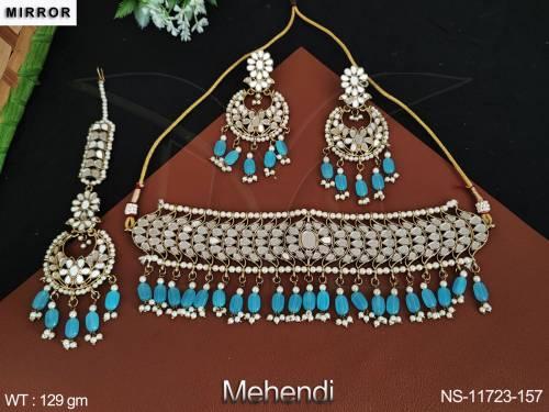 Mehendi Polish Fancy Design Party wear Mirror Design Antique Jewelery Antique Choker Style Necklace Set