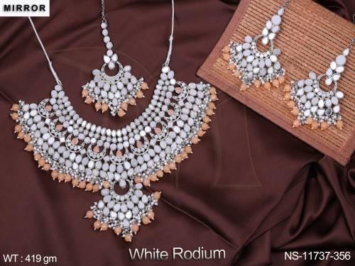 Clustered Pearl Mirror Desing White Rodium Polish Fancy Style Party wear Beautiful Antique Jewellery Choker Necklace Set