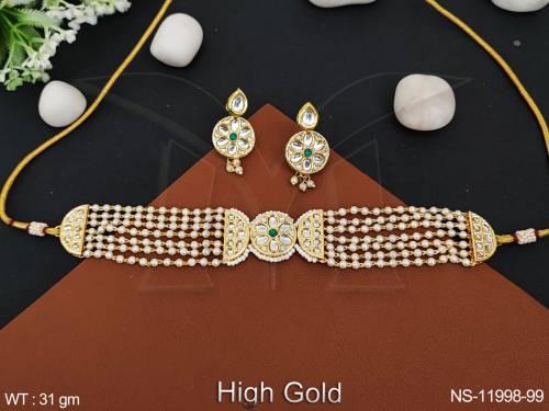 clustered-pearl-high-gold-polish-antique-design-party-wear-beautiful-choker-style-antique-necklace-set-