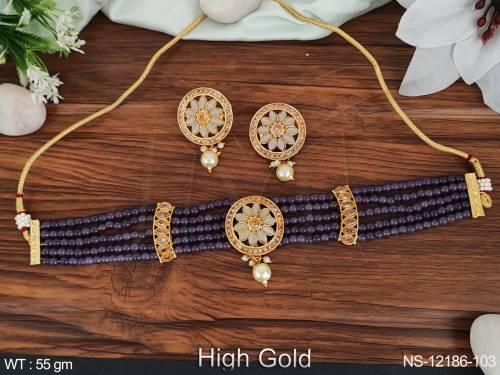High Gold Polish Facny Style Party wear Choker Style Antique Beaded Necklace Set