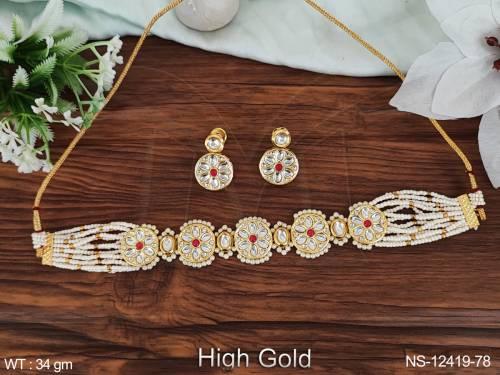 High Gold Polish Fancy Design Ethnic Beaded Choker Style Party wear Antique Jewellery Necklace Set