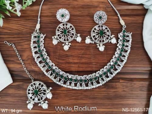 white-rodium-polish-antique-jewelry-fancy-party-wear-short-antique-necklace-set-