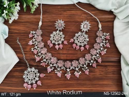 Clustered Pearl Designer White Rodium Polish Beautiful Antique Jewelery Antique Style Choker Necklace Set   — NS-12562-244