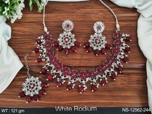 Clustered Pearl Designer White Rodium Polish Beautiful Antique Jewelery Antique Style Choker Necklace Set   — NS-12562-244