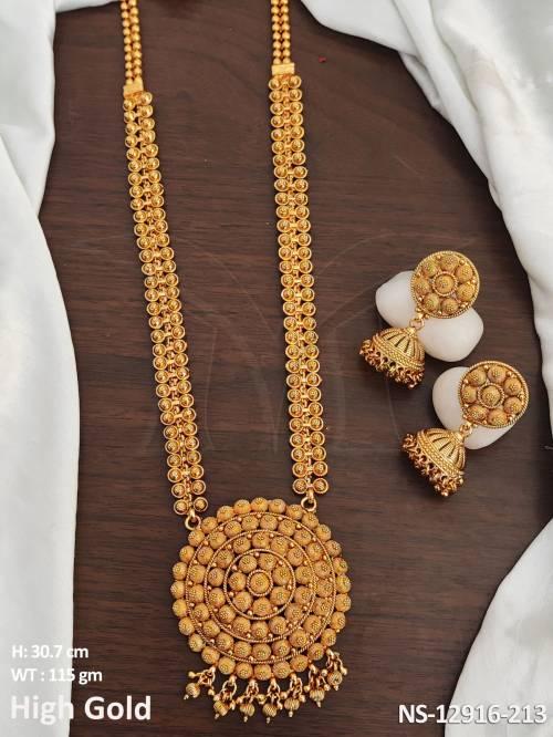 High Gold Polish Fancy Design Party wear Long Antique Designer Plain Gold Necklace Set