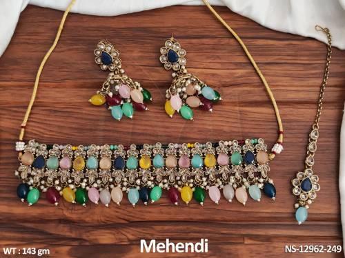 Antique Jewellery Mehendi Polish Party Wear Antique Choker Necklace Set 