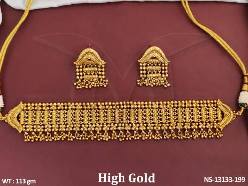 Antique Jewellery High Gold Polish Plain Gold Design Antique Choker Necklace Set 