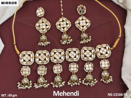 Mirror Design Mehendi Polish Clusterpearls Antique Choker Necklace Set 