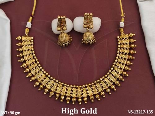 High Gold Polish Plain Gold Design Antique Short Necklace Set