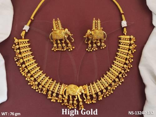 Elephant Design High Gold Polish Plain Gold Design Antique Short Necklace Set