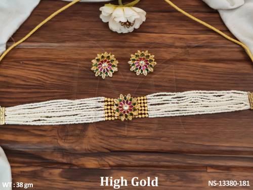 Beautiful Flower Design High Gold Polish Antique Choker Necklace Set 