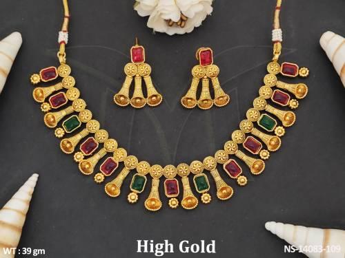 High Gold Polish Party Wear Antique Short Necklace Set