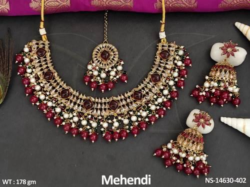 antique-jewellery-full-stone-mehendi-polish-clustered-pearl-party-wear-necklace-set-