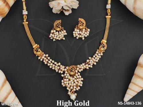 Antique Jewellery High Gold Polish Designer Party Wear Peacock Design Antique short Necklace Set