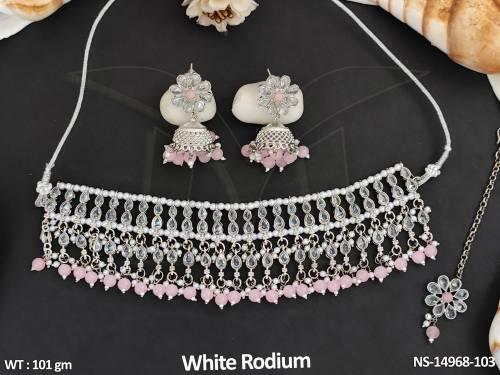 Antique Jewellery White Rodium Polish Unique Style Designer Antique Short Necklace Set 