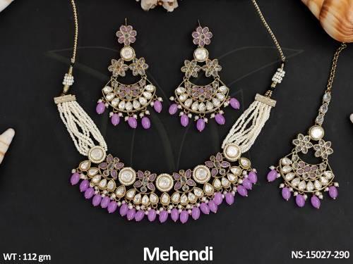 Antique Jewellery  Mehendi Polish Party Wear Clustered Pearl  Necklace Set   — NS-15027-290