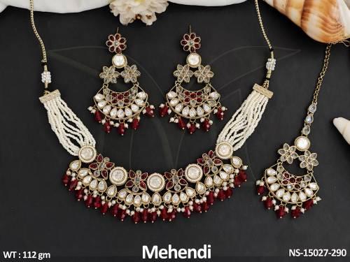 Antique Jewellery  Mehendi Polish Party Wear Clustered Pearl  Necklace Set   — NS-15027-290