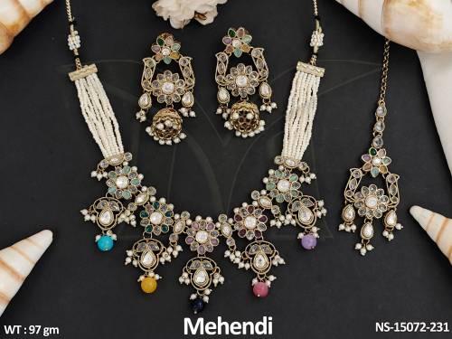 Designer Full Stone Mehendi Polish Party wear Necklace Set   — NS-15072-231