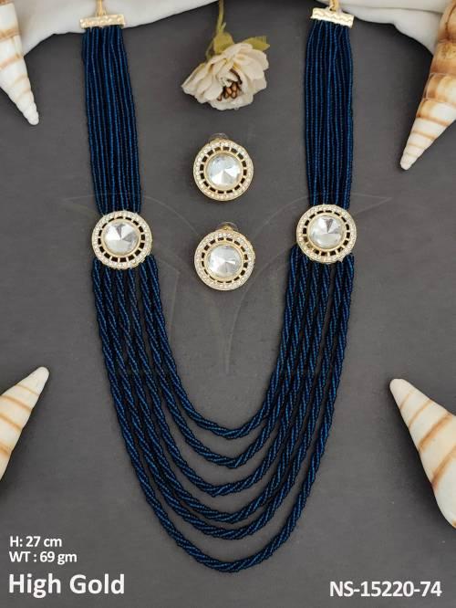  Kundan Jewellery Full Stone High Gold Polish 6 Layers Long Antique Beaded Necklace Set 