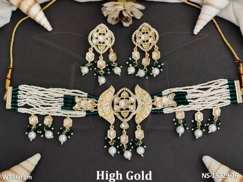 Beautiful Design Fancy High Gold Polish Party Wear Antique Choker Necklace Set 