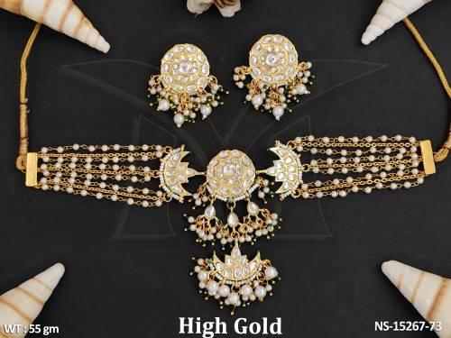 Antique Jewellery Designer High Gold Polish Clustered Pearl  Party Wear Necklace Set 