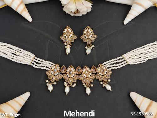 Designer Full Stone Antique  Mehendi Polish Clustered Pearl Necklace Set  