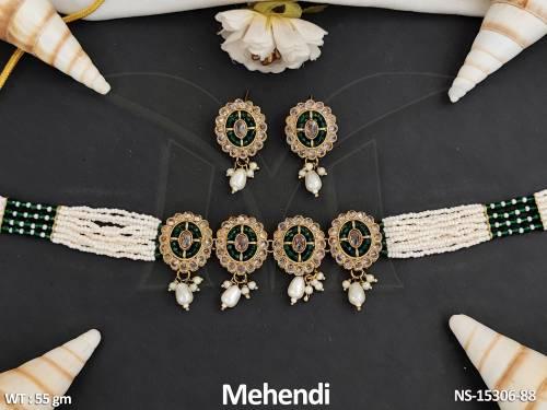 Antique  Designer Fancy Style Mehendi Polish Clustered Pearl Party Wear Necklace  Set  