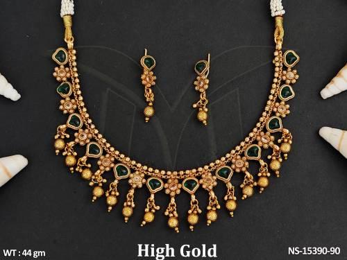 Antique Jewellery Designer High Gold Polish  Golden Clustered Pearls Party Wear Necklace Set  
